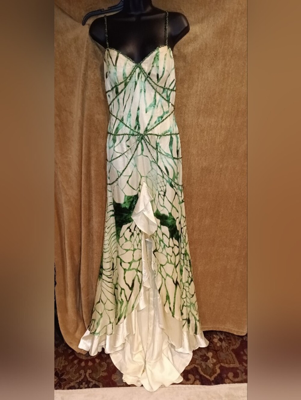 Exquisite NWT Jovani Green & Cream Beaded Gown Front Slit & Slight Train Sweep